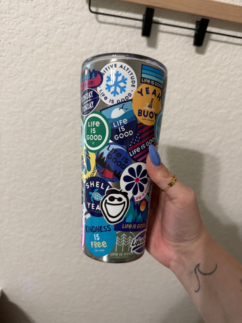 Life Is Good Sticker Collage Travel Tumbler - Blue Green Multi